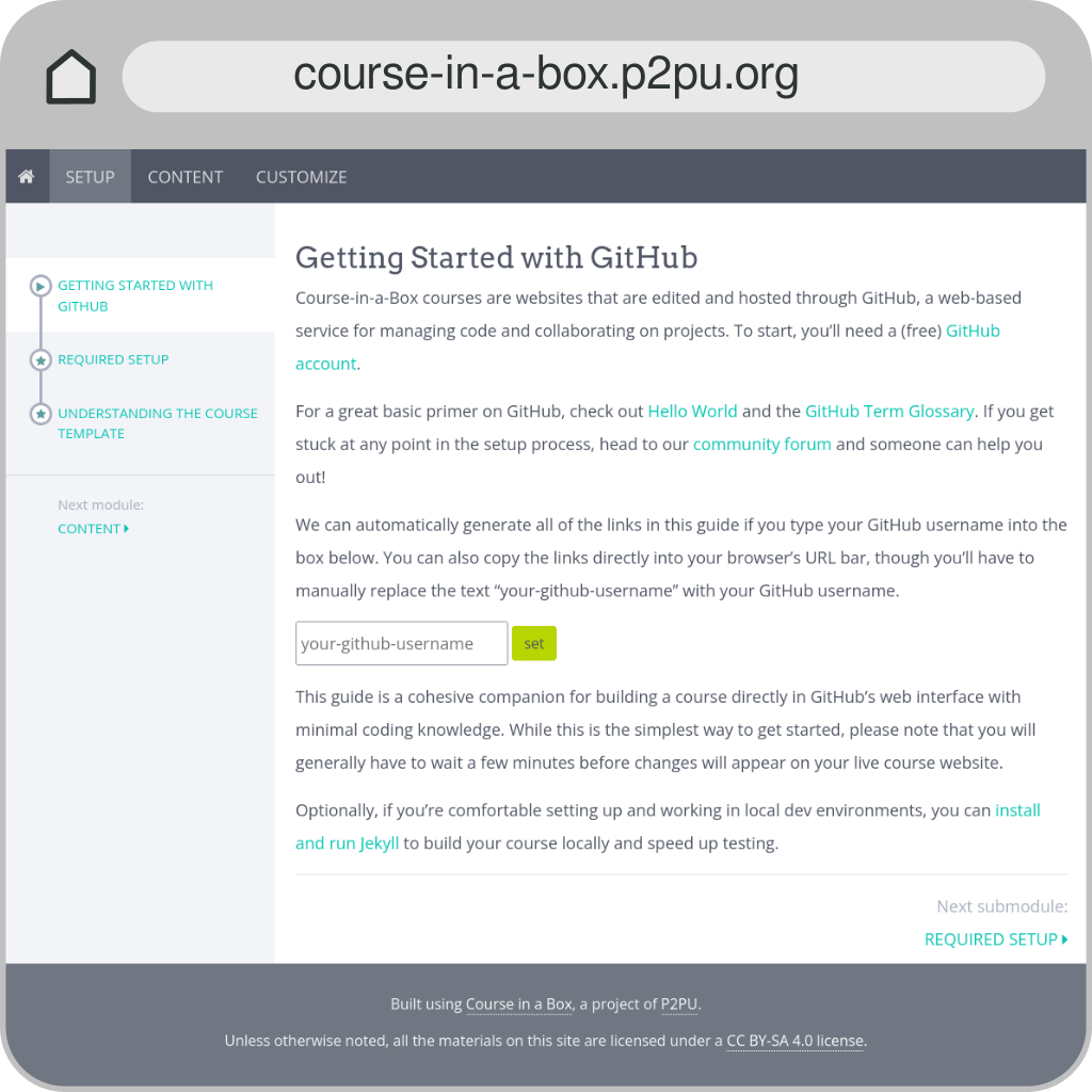 Picture of Course in A Box website showing an example course with modules and sub-modules