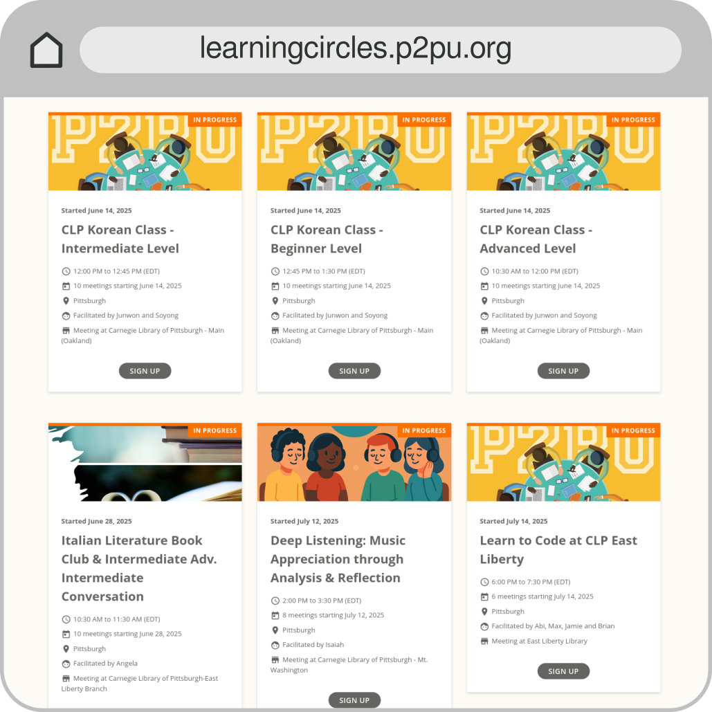 Screenshot of learning circles website showing tiles with details about learning circles.