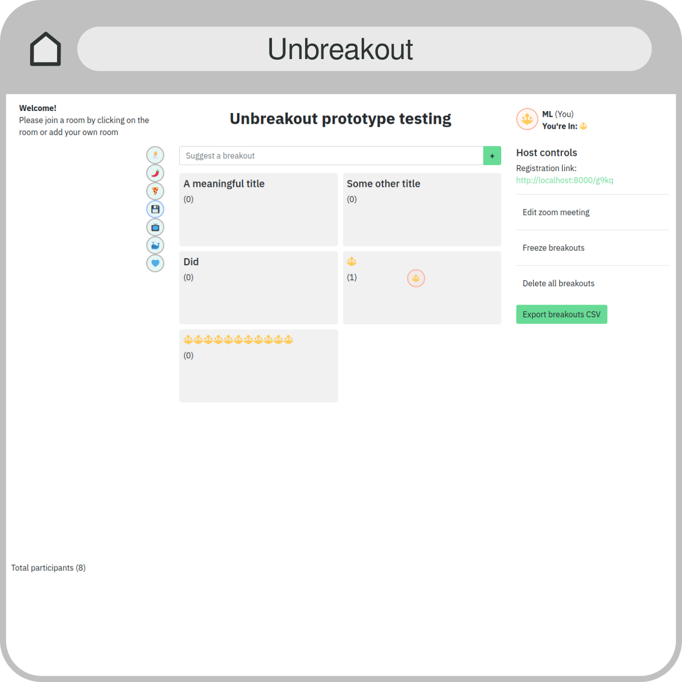 Unbreakout website showing several breakout rooms that participant can choose from.